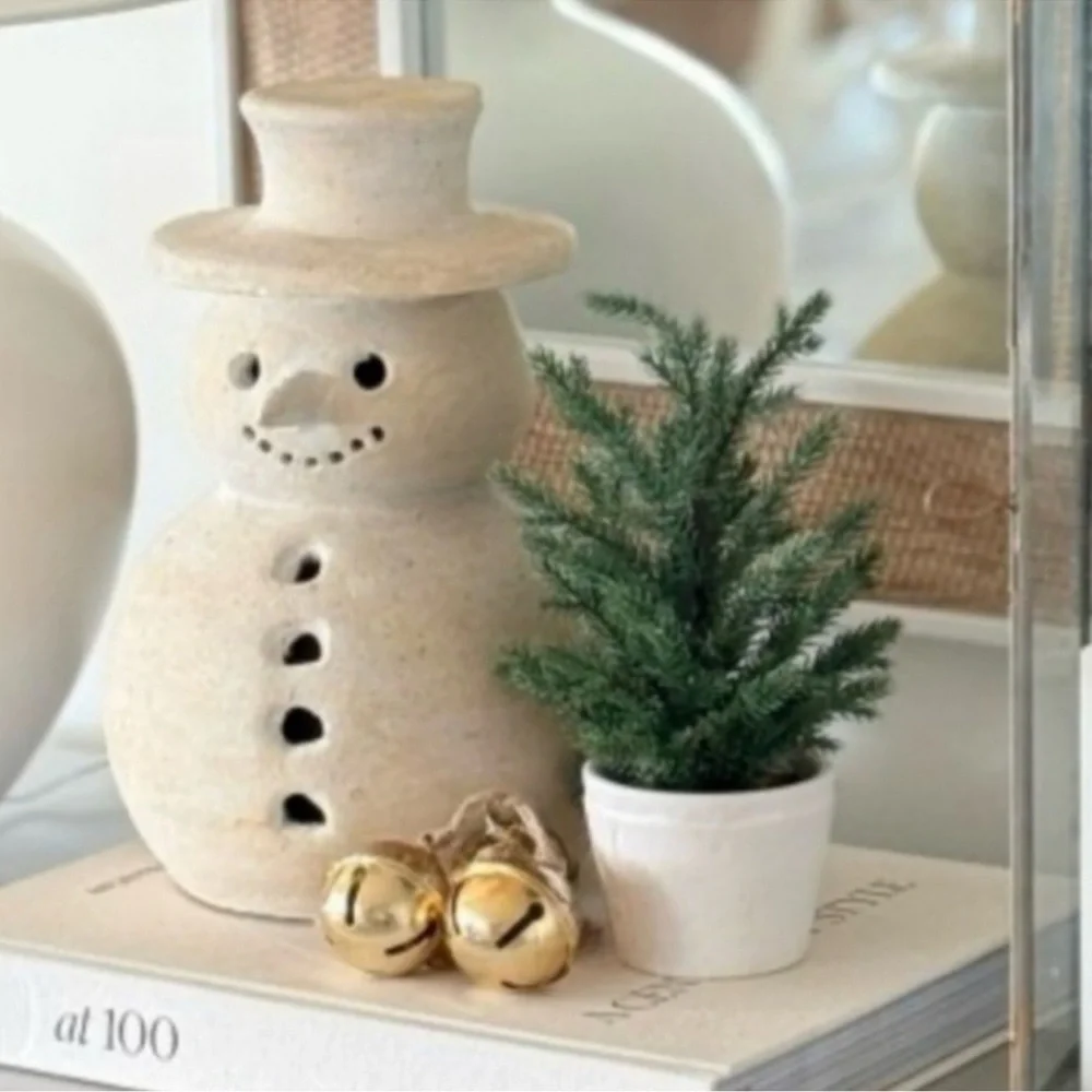 Pottery Barn Terracotta SMALL Holiday Christmas Luminary Snowman NEW IN BOX